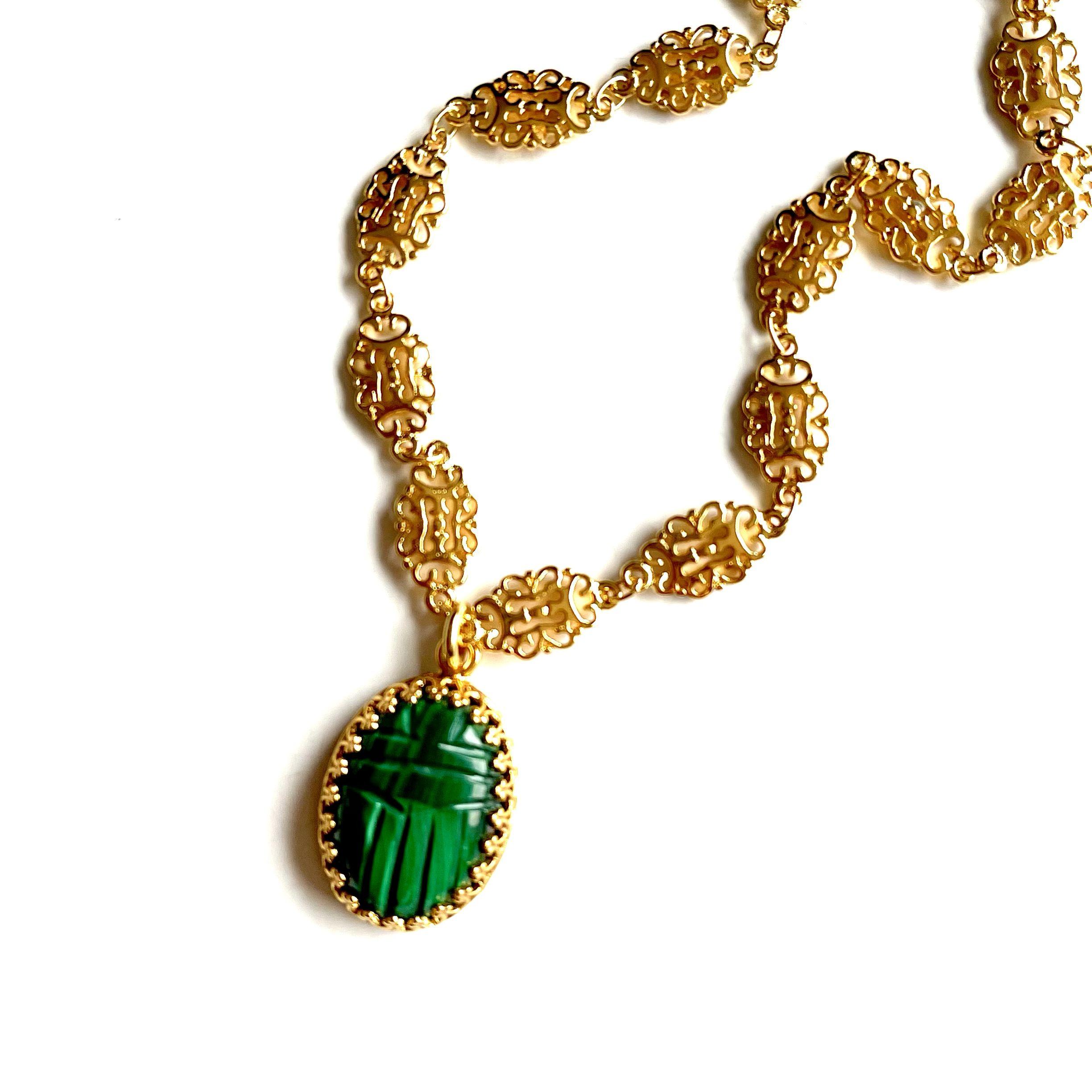 paulettequincaillerie-bijoux-createur-pierres-semi-précieuses-lithotherapie-pierre-vintage-filigrane-scarabée-khepri collier PAMINA malachite