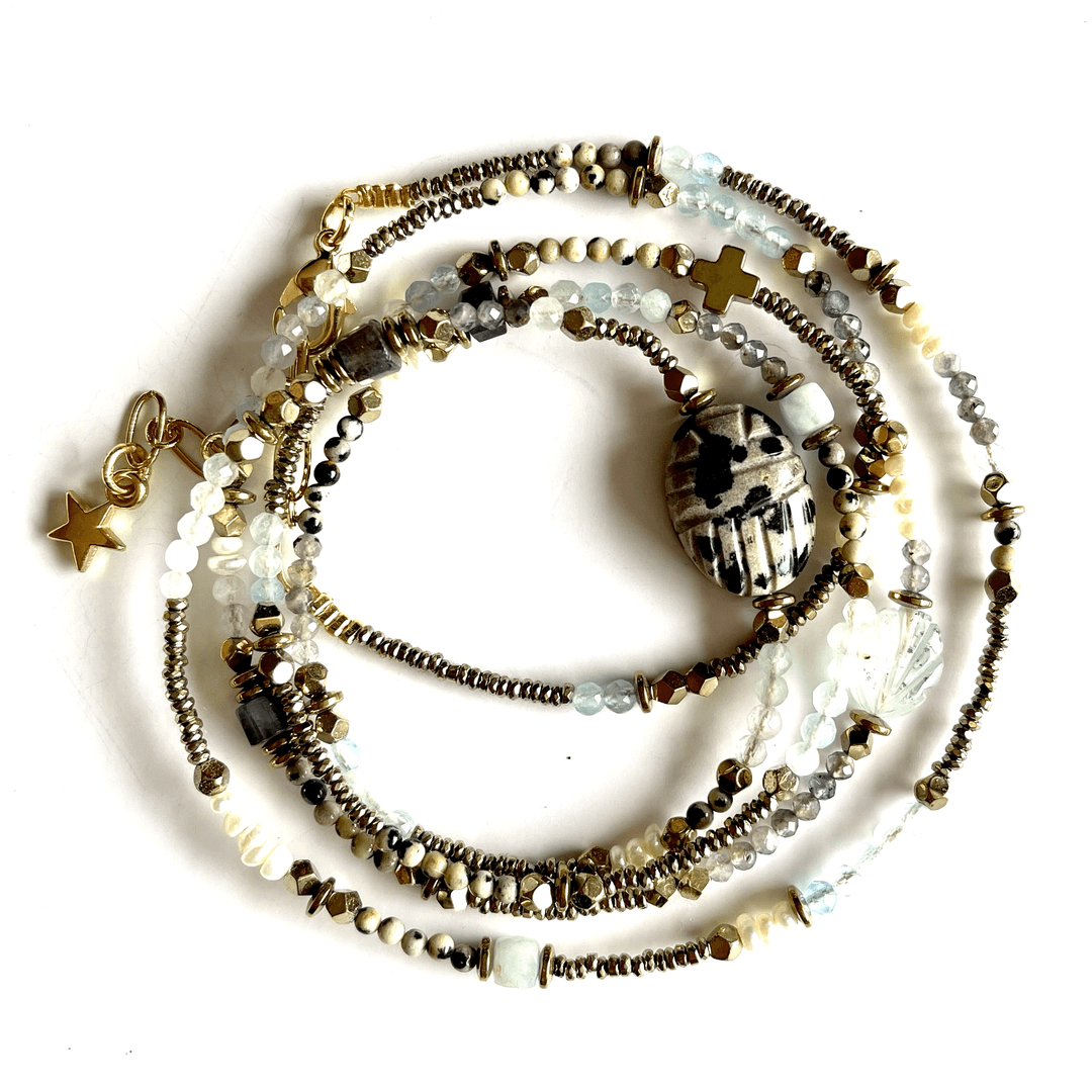 paulettequincaillerie-paulette-bijoux-multitours-scarabee-pierres-semi-precieuses MULTITOURS AIGUE MARINE JASPE DALMATIEN